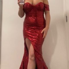 Red sequin off shoulder debs dress
