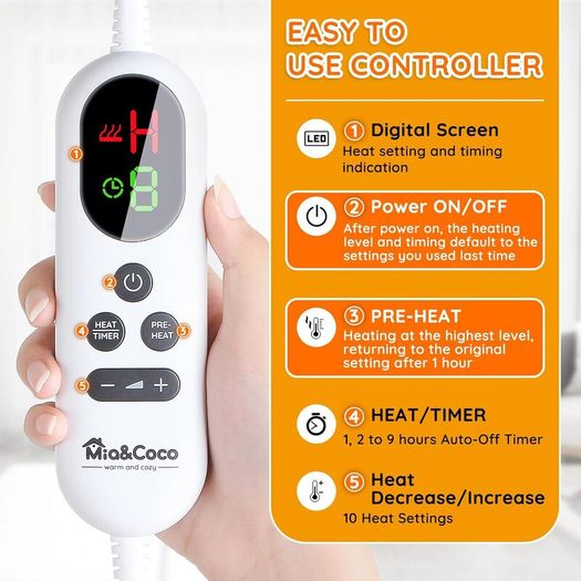 Electric Heated Blanket Throw 120  160cm, Flannel Sherpa, Fast Heating, 10 Heat Levels, 9H Auto-Off, LED Controller, Overheat Protection, Machine Washable, ETL Certified, Grey