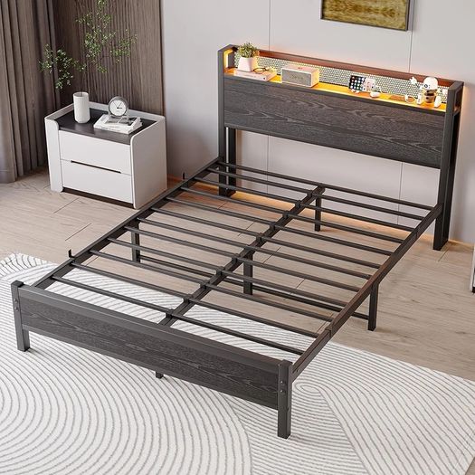 King Size Bed Frame with Storage,LED Lights,5ft Metal Bed Frame Kingsize Bed Frame with Charging Station,Mattress Foundation,Strong Steel Slats Support,Noise Free,Black
