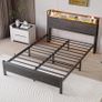 King Size Bed Frame with Storage,LED Lights,5ft Metal Bed Frame Kingsize Bed Frame with Charging Station,Mattress Foundation,Strong Steel Slats Support,Noise Free,Black Image 5