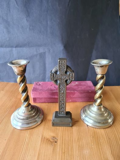 Mcharp Celtic  Cross Plus 2 E P N.s Candlesticks  With Barley Twiist Stems & Bevelled Base.