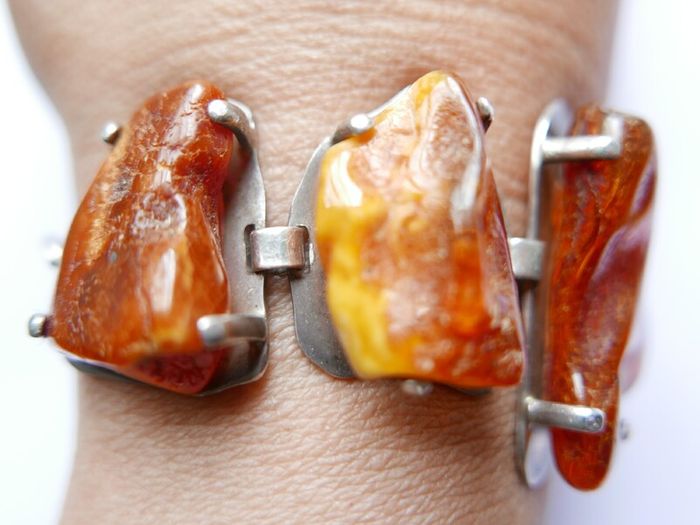 54.4gr giant UNIQUE Baltic Amber Bracelet, SET IN STERLING SILVER 925, Dark Honey Amber Chain and Link Bracelet with natural Inclusions