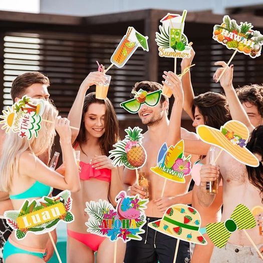29 Pcs Tropical Hawaiian Photo Booth Props Funny Sunglasses Grass Skirt and Coconut Hat Designs Tropical Themed Party Props for Luau Beach Parties Birthdays and Summer Vacation Photo Backdrop Decor