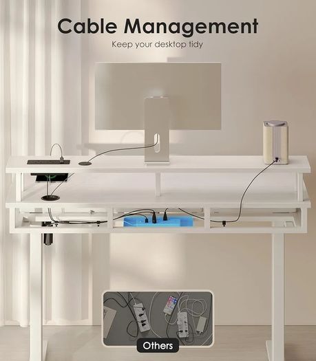 Electric Standing Desk, 120 x 54cm Height Adjustable Desk with 3 Drawers, RGB LED Strip & Charging Station for Home Office Computer Workstation, Computer Table with Monitor Stand, White