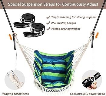 NEW SALE | Hammock Chair Hanging Swing 2 Seat Cushions Included,Strong Webbing Straps and Hooks for Easy Hanging Soft Cotton Weave Hanging Chair Side Pocket Large Tassel Chair Set Comfort Indoor Outdoor