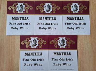 Lot of 5  vintage  Mantilla fine old Irish Ruby wine labels