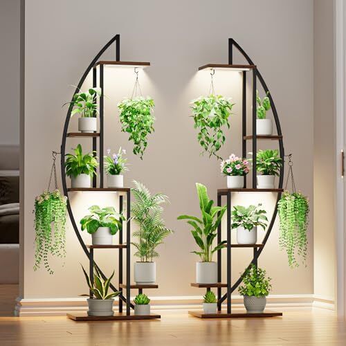 Plant Stand Indoor with Grow Lights, 6 Tiered Tall Plant Shelf, Metal Plant Stand for Indoor Plants Multiple, Half-Moon Plant Rack Display Shelf, 2 Pcs Plant Holder for Living Room, Patio