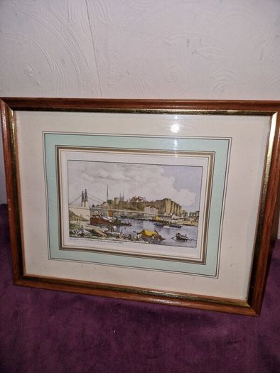 Antique Coloured etching of Angers Le Chateau Et Le Pont Suspendu