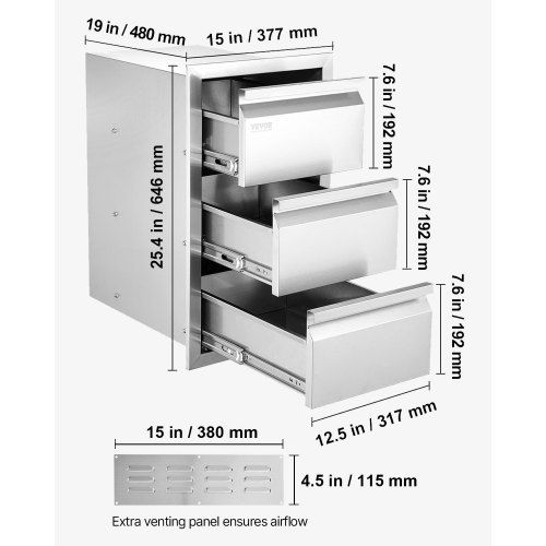 201 Stainless Steel Triple Access Drawer Outdoor Kitchen BBQ Island 48.3 cm x 66 cm