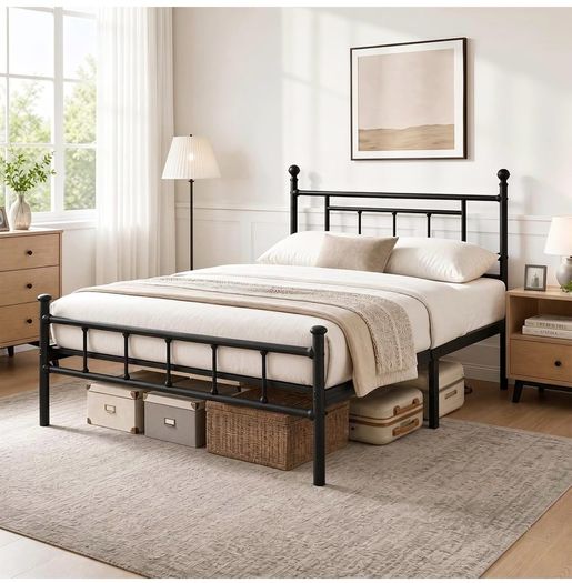 4ft6 Double Bed Frame Heavy Duty Steel Bed with Headboard and Footboard Black Metal Slat Support and 32cm Underbed Storage Space Easy Assembly, No Box Spring Needed, Platform Noise-Free
