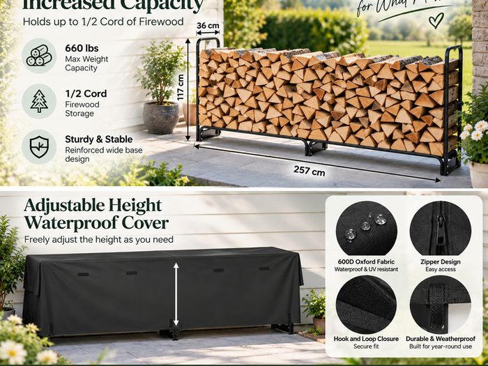 2.57m Outdoor Firewood Rack with Full Waterproof Cover  1/2 Cord, 299kg Capacity