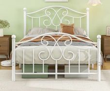 4ft6 Double Bed Frame with Headboard and Footboard Metal Bed Frame Double Mattress Foundation No Box Spring Needed/Easy Assembly/Bedstead Base/White