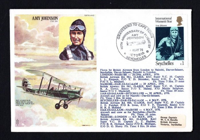 1976 Seychelles Illustrated Cover Commemorating 40th Anniversary of Flight by Amy Johnson Gravesend to Cape Town flown cover tying linked stamp with Royal Air Force Hendon cancel on reverse