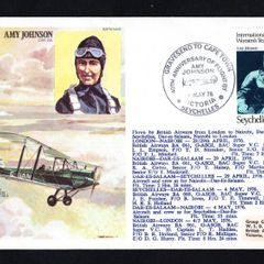 1976 Seychelles Illustrated Cover Commemorating 40th Anniversary of Flight by Amy Johnson Gravesend to Cape Town flown cover tying linked stamp with Royal Air Force Hendon cancel on reverse