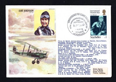 1976 Seychelles Illustrated Cover Commemorating 40th Anniversary of Flight by Amy Johnson Gravesend to Cape Town flown cover tying linked stamp with Royal Air Force Hendon cancel on reverse