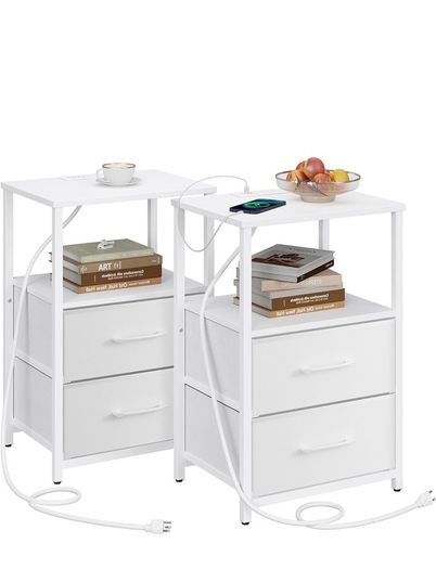 Bedside Table with Charging Station, Side Table with 2 USB Ports and Outlets, Nightstand with Cloth Drawer, Set of 2, End Table, White
