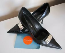 Gorgeous Karen Millen Ladies Womens Black Leather High Hill Shoes Size 37.5
