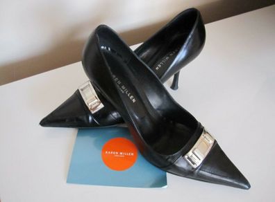 Gorgeous Karen Millen Ladies Womens Black Leather High Hill Shoes Size 37.5