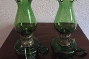 Pair Small Early Vintage Emerald Green Oil Lamps