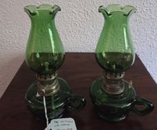 Pair Small Early Vintage Emerald Green Oil Lamps