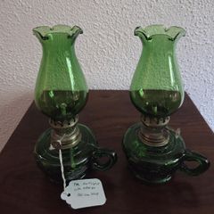 Pair Small Early Vintage Emerald Green Oil Lamps