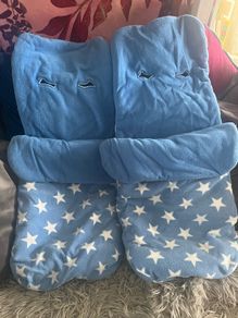 Two blue fleece footmuffs