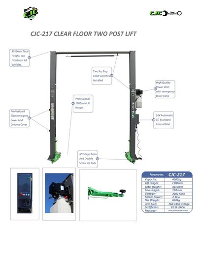 2 Post 4 Ton Clear floor lift