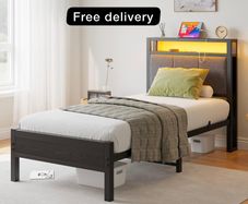 3FT Single Bed Frame with Storage Headboard, Black Metal Single Bed with Upholstered Headboard, LED Lights and Charging Station, Heavy Duty Metal Slats Support,Easy Assembly