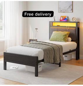 3FT Single Bed Frame with Storage Headboard, Black Metal Single Bed with Upholstered Headboard, LED Lights and Charging Station, Heavy Duty Metal Slats Support,Easy Assembly