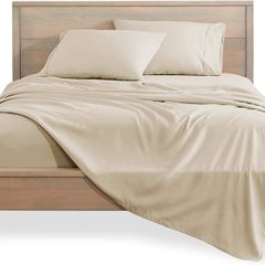 Double Sheet Set - 1800 Ultra-Soft Microfibre Double Bed Sheets - Hydro-Brushed - Deep Pocket - 4 Piece Set - Fitted Sheet, Flat Sheet, and 2 Pillowcases - Bedding Sheets (Double, Sand)