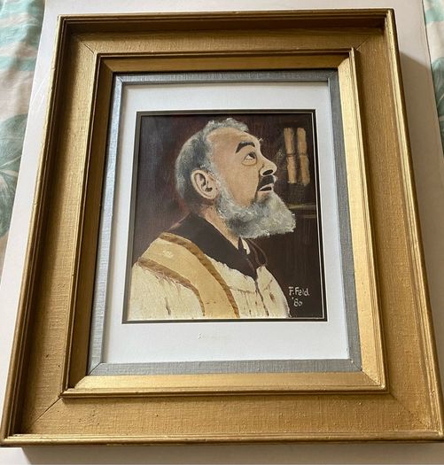 Framed Vintage Oil Portrait of Saint Padre Pio Signed F. Feld '80