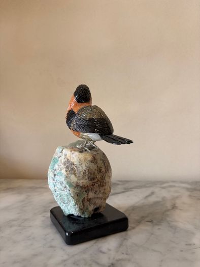 Hand-Carved Gemstone Bullfinch on Raw Amazonite Base