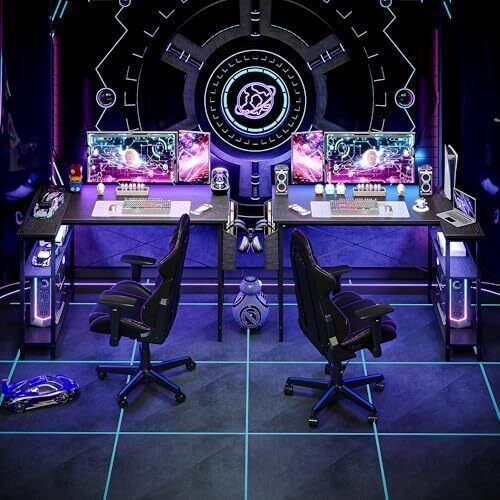 L Shaped Gaming Desk, 100x70 cm Computer Desk with Storage Bag, Office Desk Small Writing Table with Large Reversible Storage Shelves, Workstation for Study Play Work Home Office, Black