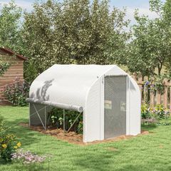 3 x 2(m) Walk-in Polytunnel Greenhouse, Zipped Roll Up Sidewalls, Mesh Door, 6 Mesh Windows, Tunnel Warm House Tent with PE Cover, Complimentary Plant Labels and Gloves, White