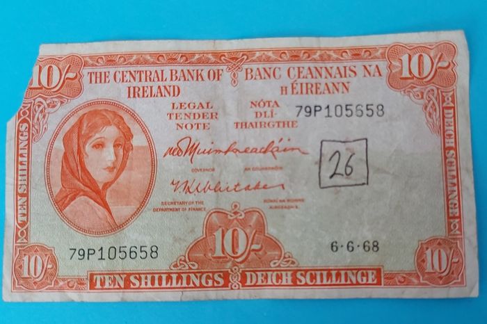 Irish 1968 Lavery ten shilling banknote in used condition