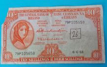 Irish 1968 Lavery ten shilling banknote in used condition