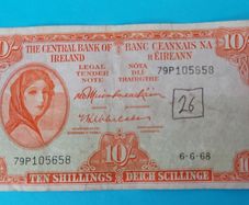 Irish 1968 Lavery ten shilling banknote in used condition