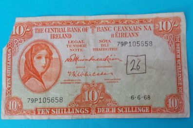 Irish 1968 Lavery ten shilling banknote in used condition