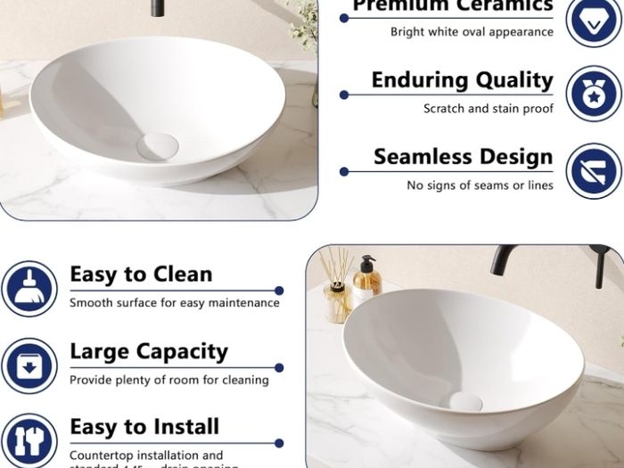 White Ceramic Oval Bathroom Vessel Sink 41.5x34x15cm  Countertop Basin, Modern Vanity Art Deco Style, Smooth Glazed Finish, Easy to Clean, Bathroom or Cloakroom Use