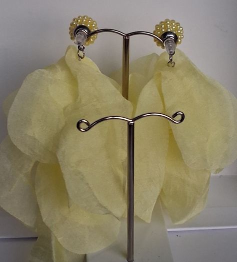 Lemon Yellow Pearl Cluster Stud Glass Inlay Extravagant Chiffon Petal Tassel Earrings