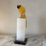 Large Hand-Carved Honey Calcite Parrot on White Quartz Pillar Base Image 5