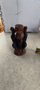 1970s Vtg. 5.5 inches Carved Wood Monkey Primitive Folk Art - Hear No Evil/MOP Eyes
