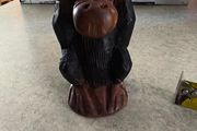 1970s Vtg. 5.5 inches Carved Wood Monkey Primitive Folk Art - Hear No Evil/MOP Eyes