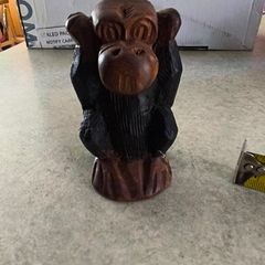 1970s Vtg. 5.5 inches Carved Wood Monkey Primitive Folk Art - Hear No Evil/MOP Eyes