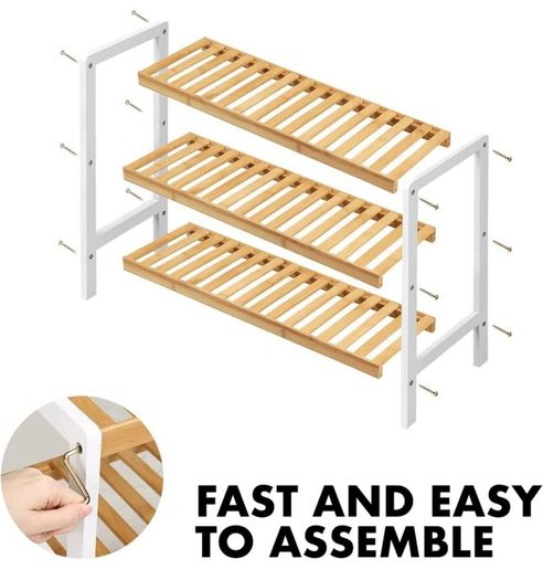 Bamboo Shoe Rack, Easy Build With 3 Shelves, Large Storage Capacity Wooden Shoe/Trainer Stand and Organiser, up to 12 Pairs, Perfect for Hallway, Bedroom, Small Spaces Brown/White (FREE POSTAGE)