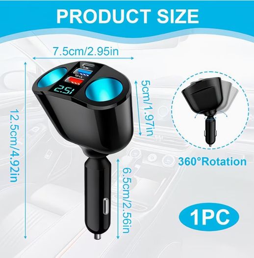 Car Cigarette Lighter Adapter, USB + Type-C Car Phone Charger Adapter,