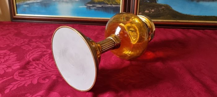 Vintage 21 Inches Tall Brass Double Burner Victorian Oil Lamp With Amber Glass Oil Font And With White Opaque Fluted  Glass Globe Shade