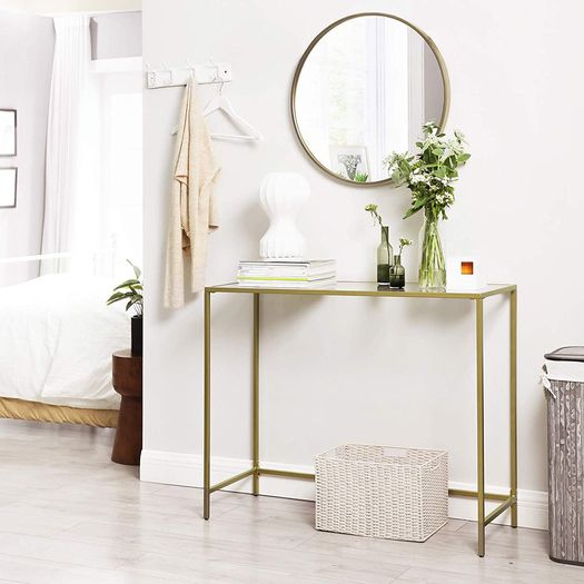 _console table, side table made of tempered glass, modern sofa table, simple structure, adjustable feet, living room, hallway, gold-colored