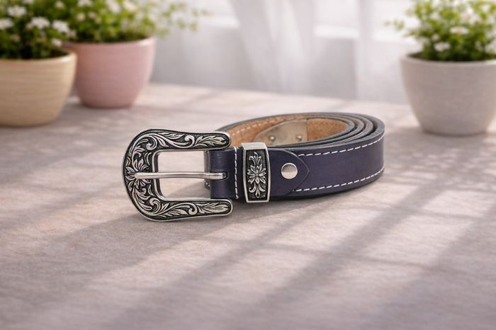 Unisex Premium Purple Genuine Leather Belt Vintage Engraved Silver Buckle
