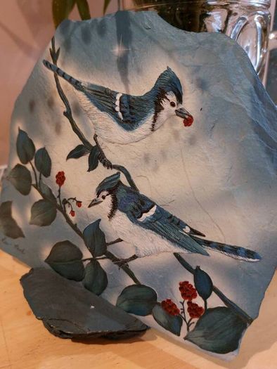 Blue Jay Pair - original painting on slate